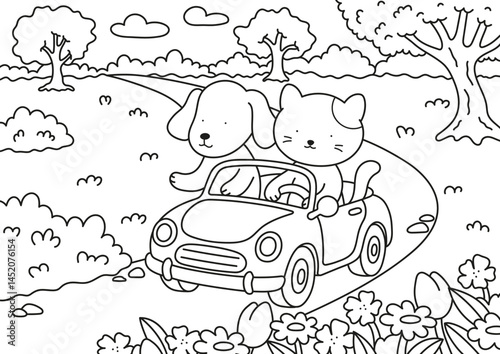 Coloring page for children and adults. Cute animals in nature.