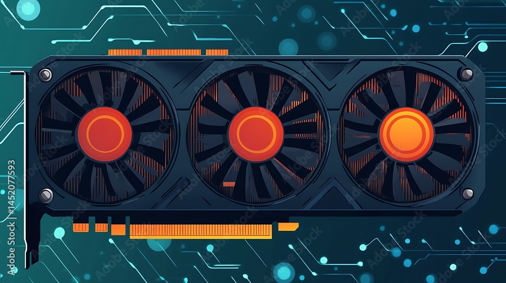 Obraz premium Triplefan GPU with tech background.