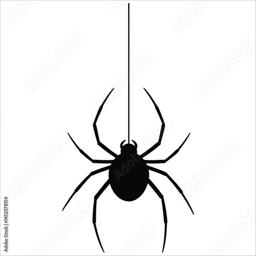 Silhouette of a spider suspended by a thread. The spider has a rounded body and eight elongated legs, with a symmetrical arrangement. 