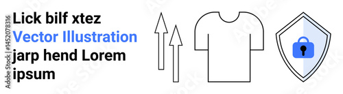 Shield with padlock symbol, growth arrows, and t-shirt outline convey data security, protection, progress, personal safety. Ideal for cybersecurity, business security, branding technology online