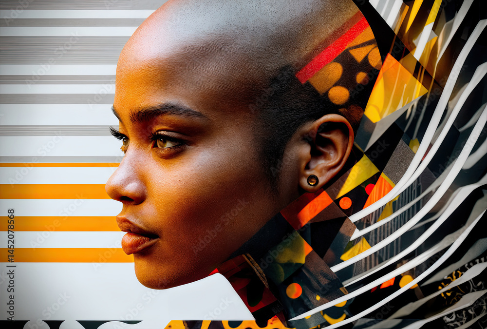 A bold profile, showcasing a woman's strength and confidence. Intricate patterns and colors create a dynamic visual.