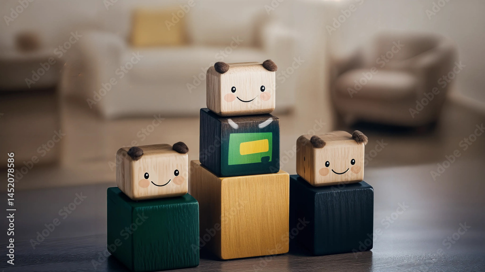 Stacked wooden blocks, each with a cheerful face, create a playful display.