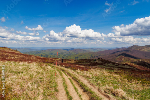 Fototapeta Naklejka Na Ścianę i Meble -  Scenic view of Bieszczady mountains with hiking trail in foreground and vibrant clouds above. Outdoor adventure in nature on a sunny day, perfect for exploration.