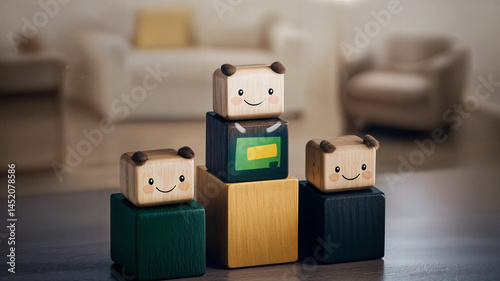 Obraz na płótnie Stacked wooden blocks, each with a cheerful face, create a playful display. w salonie
