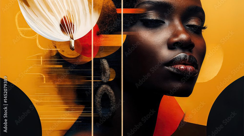 Abstract art with a focus on a woman's face, using a combination of geometric and organic shapes.