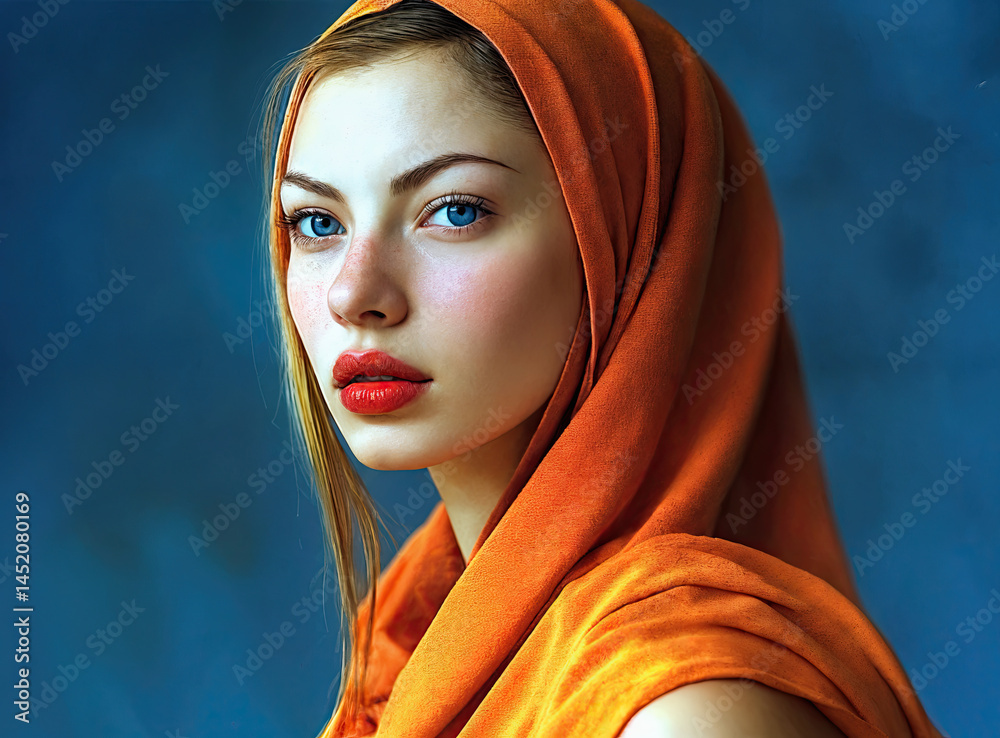 Close-up portrait of a woman, showcasing her delicate features and the rich orange of her head covering.