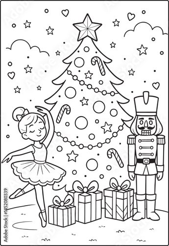  Coloring page for kids with a little Ballerina and Nutcracker  near the decorated Christmas tree from a fairytale