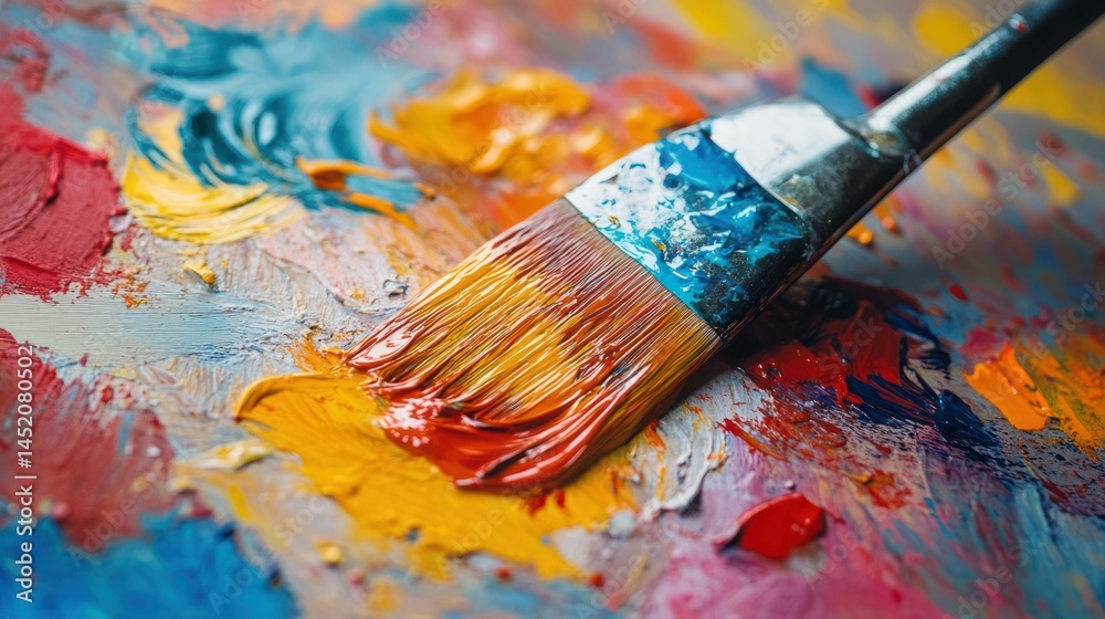 Fototapeta premium A paintbrush rests on a colorful palette, showcasing vibrant art.