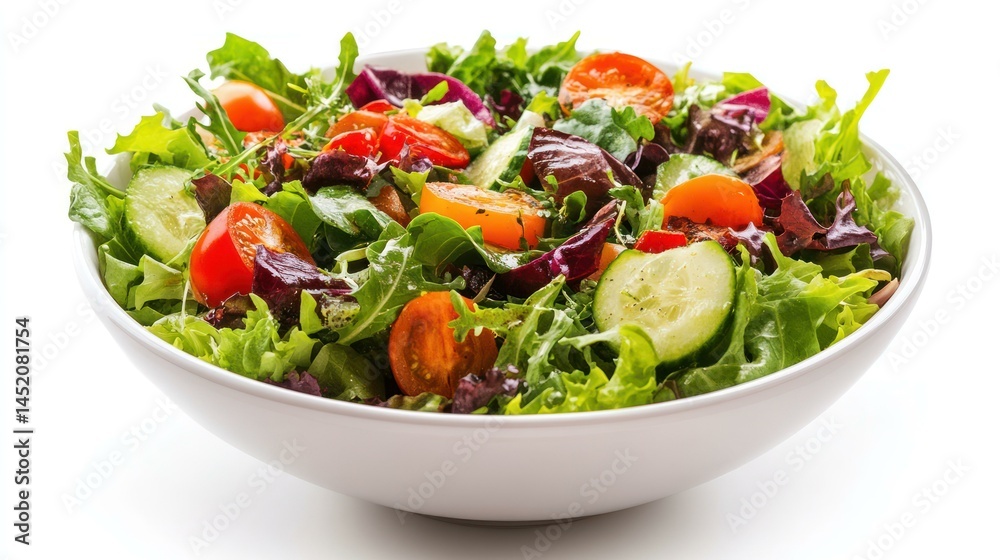 A vibrant bowl of fresh salad with mixed greens, tomatoes, and cucumbers. A vibrant bowl of fresh salad with mixed greens, tomatoes, and cucumbers.