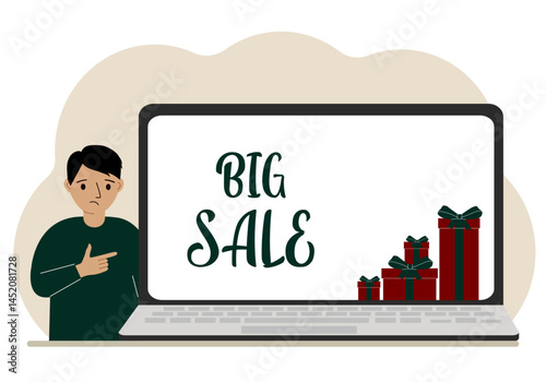 A little boy next to a big laptop, on his screen the text big sales and a lot of gift boxes. Vector flat illustration