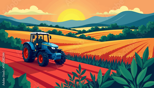 Tractor-in-field-landscape-farming-sunset-agriculture-illustration-harvest-scene