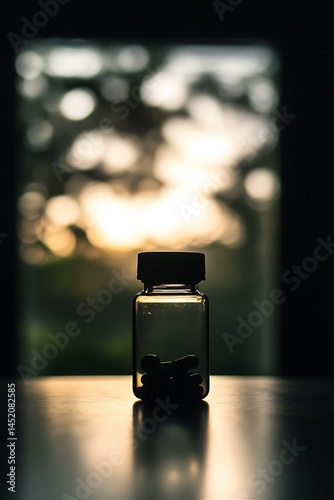 Silhouette of Pills in Glass Bottle at Sunset, Peaceful Evening
