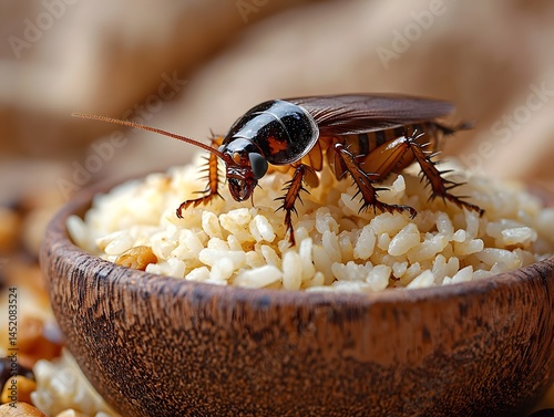 Cockroach nestled in a bowl of rice