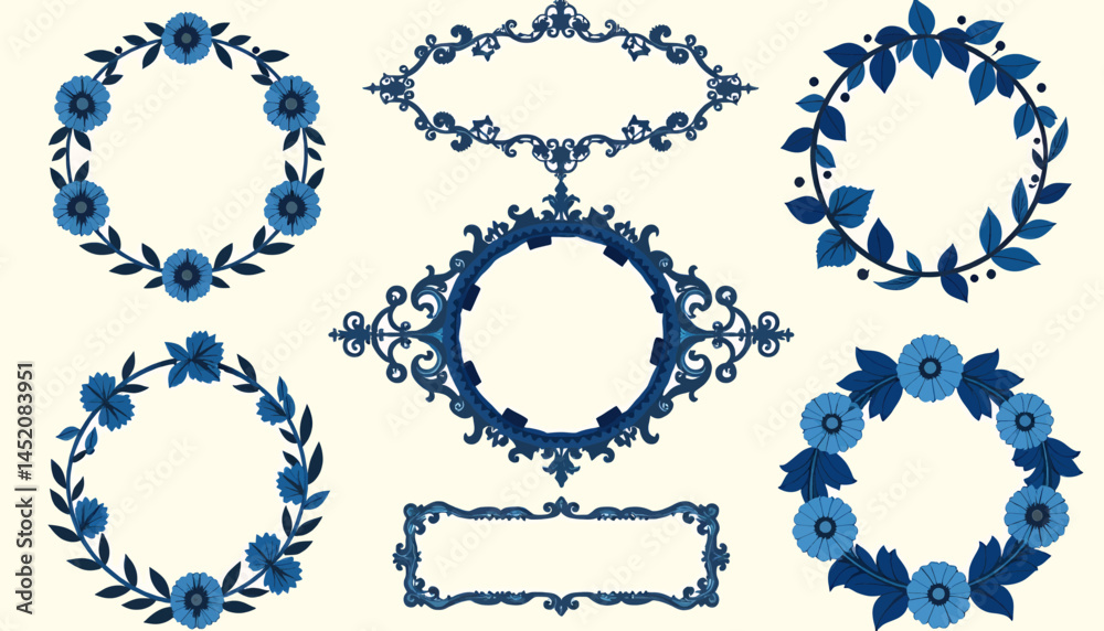 Fototapeta premium Floral-wreaths-ornamental-borders-blue-design-elements-vector-graphics