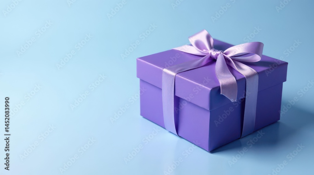 Obraz premium A Lavish Purple Gift Box with a Delicate Ribbon Bow on a Light Blue Background