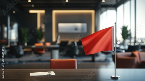 A red flag on a desk in a modern office, symbolizing business risks.