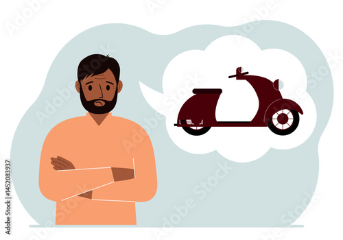 A man dreams or thinks about a scooter or motorcycle. His thoughts are in an air bubble. The concept of a dream, purchase, loan or investment. Vector flat illustration.