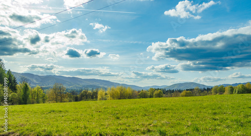 Fototapeta Naklejka Na Ścianę i Meble -  Scenic view of rolling hills under a blue sky, featuring lush green fields and vibrant trees, captured in spring during daylight hours in Bieszczady Mountains.
