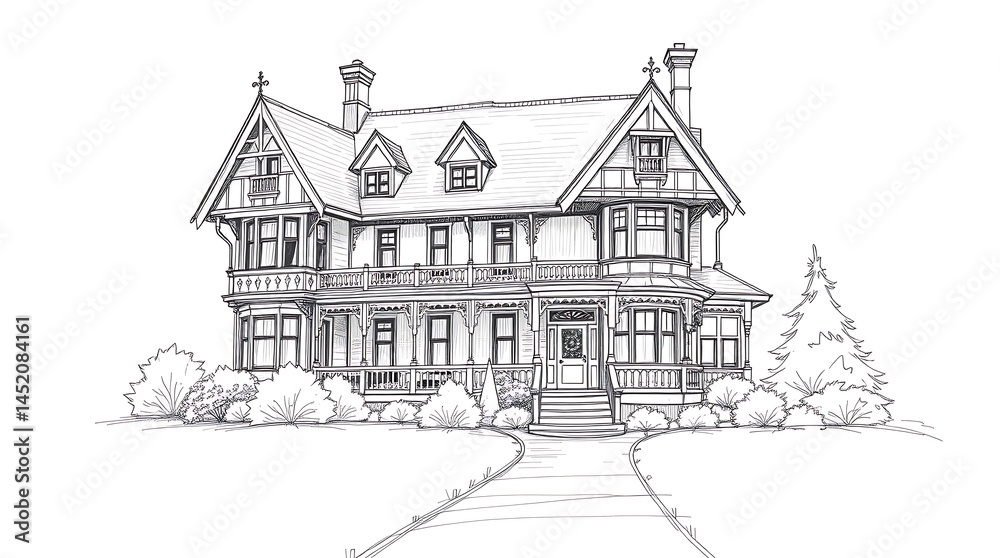 Hand-drawn sketch, Classic Victorian home, intricate wooden detailing, steeply pitched roof, charming garden pathway, rough lines, textured pencil strokes, white background Hand-drawn sketch, Classic Victorian home, intricate wooden detailing, steeply pitched roof, charming garden pathway, rough lines, textured pencil strokes, white background