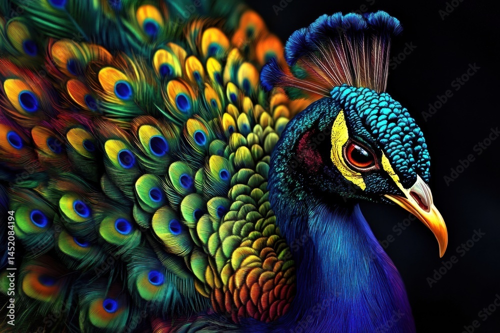 Fototapeta premium Stunning Peacock - Majestic bird displaying vibrant colors in a graceful pose