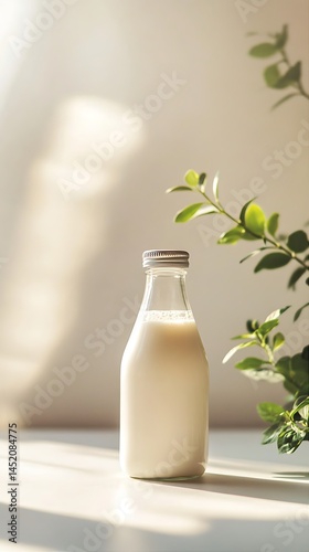 Sunlit Milk Bottle with Greenery  A Fresh, Natural Image