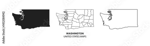 Washington state map contour. Glyph and outline Washington map. US state map. Washington Map Black, State Border, United States, US America, Transparent Isolated, Variations.