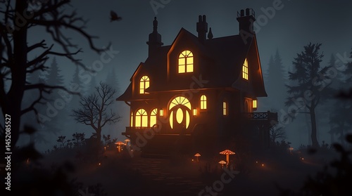 Futuristic sci-fi style 3D render of a silhouetted enchanted fairy tale cottage with glowing windows, whimsical mushroom garden, and misty forest, backlighting, advanced technology, space elements