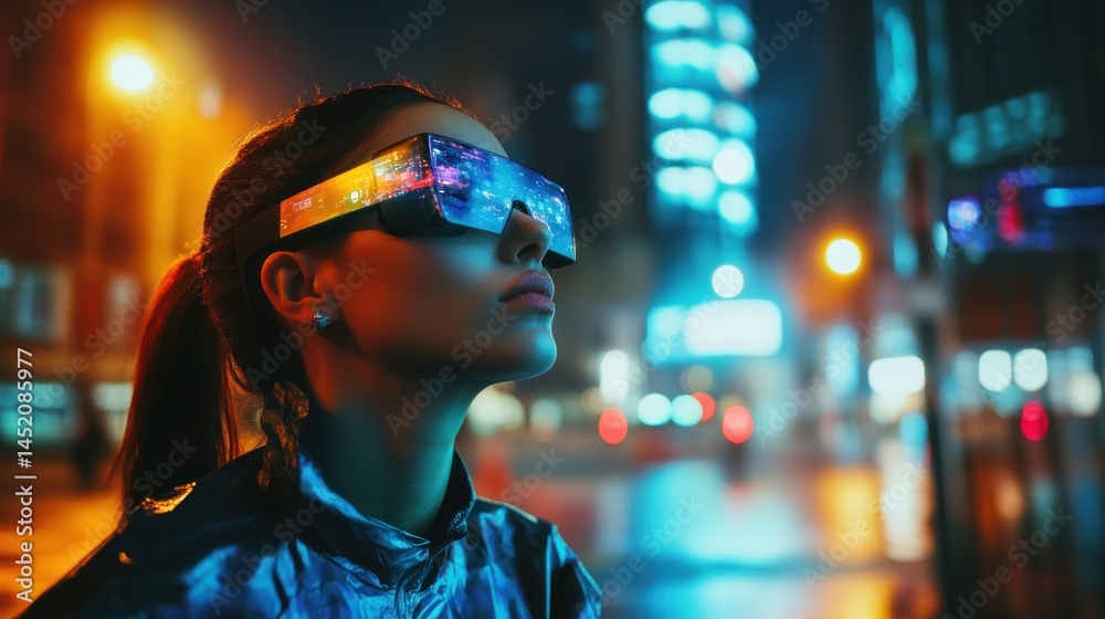 Woman wearing vr glasses in city at night Woman wearing vr glasses in city at night