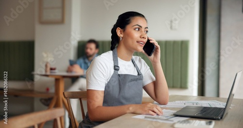 Coffee shop, phone call and woman with documents in cafe for menu items, inventory and online order. Restaurant, hospitality and store manager on computer for contact, planning and communication