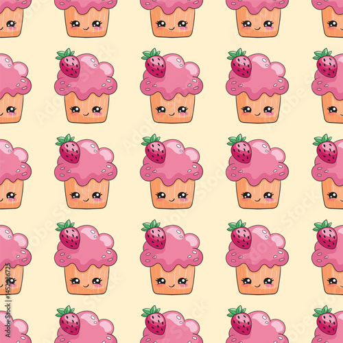 Kawaii cupcake, seamless pattern with charming strawberry doodle cupcake