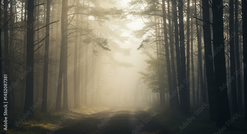 Fototapeta premium Foggy Forest Path: Sun Rays Pierce Through Trees, Creating Dreamy, Ethereal Mood at Sunrise/Sunset with Atmospheric Haze
