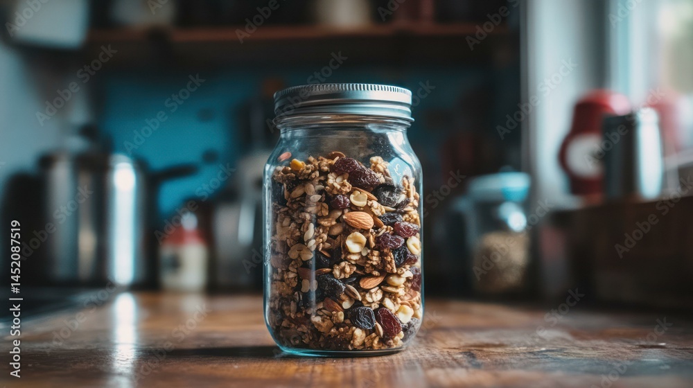 A jar of granola sits on a wooden counter in a warm, homey kitchen. A jar of granola sits on a wooden counter in a warm, homey kitchen.
