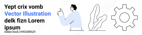Man pointing upward, alongside abstract plant and mechanical gear. Ideal for creativity, innovation, technology, teamwork, ideas, growth, and a simple landing page