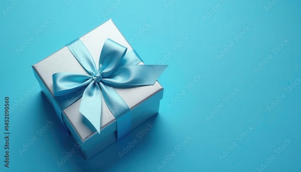 Elegant silver gift box with satin bow, blue background Top view , present, luxury Elegant silver gift box with satin bow, blue background Top view , present, luxury