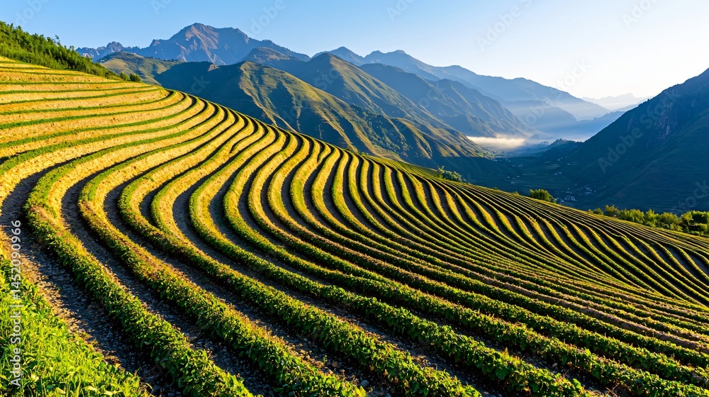 Obraz premium Potato field on mountain slope during sunrise, terraced rows catching golden light, misty valley below, clean natural lines, organic symmetry, fresh early atmosphere