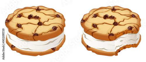 Whole and Bitten Chocolate Chip Cookies Ice Cream Sandwich. Popular American Frozen Dessert Detailed Illustration