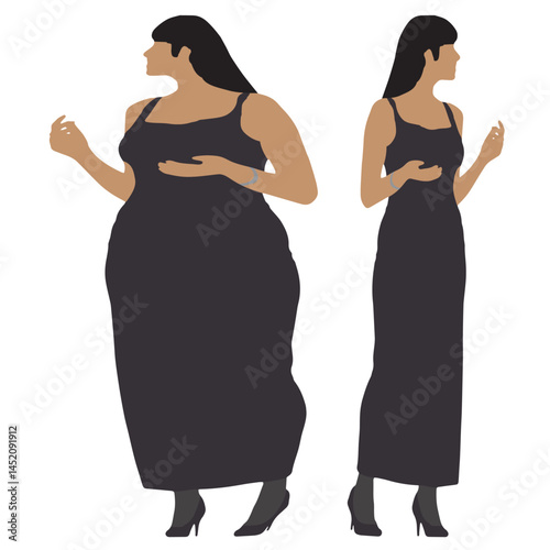 Conceptual fat overweight obese female vs slim fit healthy body after weight loss or diet on white background. A  fitness, nutrition or obesity, health shape illustration vector as silhouettes
