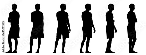 Vector concept or conceptual black silhouette of a young man in  shorts standing from different perspectives isolated on white background. A metaphor for sport, swimming, fitness,  health and wellness