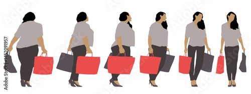 Conceptual fat overweight obese female vs slim fit healthy body after weight loss or diet on white background banner. A  fitness, nutrition or obesity, health shape illustration vector as silhouettes