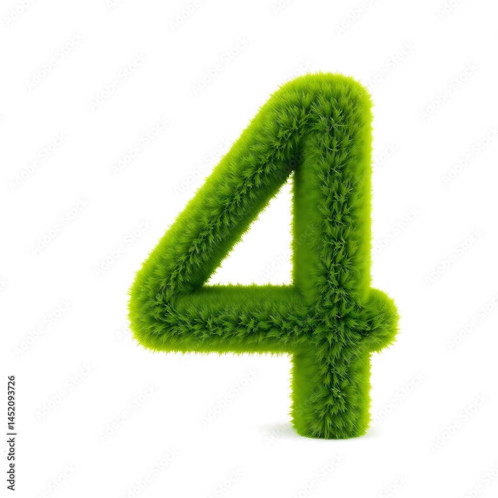 A fluffy green number four standing upright on a white surface with a soft texture and rounded edges design A fluffy green number four standing upright on a white surface with a soft texture and rounded edges design