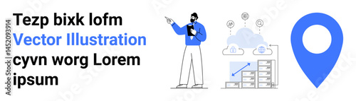 Man pointing to cloud elements, networking icons, bar chart, and location marker. Ideal for data analysis, cloud computing, business growth, geolocation services, app development tech ideas simple