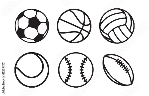 Ball icons. Balls for Football, Soccer, Basketball, Tennis, Baseball, Volleyball. Vector illustration eps 10