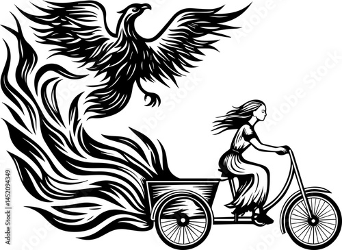 Logistics infrastructure for efficient transport � svg vector style. Woman Riding Bicycle with Phoenix and Flames in Creative Illustration