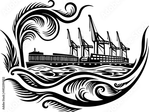 Logistics infrastructure for efficient transport � svg vector style. Black and White Artistic Illustration of Cargo Ship and Cranes