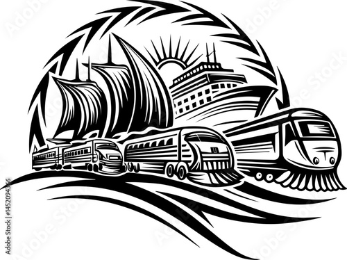 Logistics infrastructure for efficient transport � svg vector style. Iconic Transportation Modes in Black and White Artistic Design