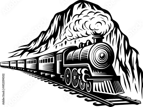 Logistics infrastructure for efficient transport � svg vector style. Vintage Black and White Steam Train Illustration with Mountain Background