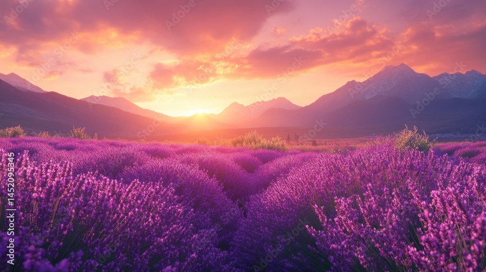 Fototapeta premium Sunset over Lavender Field and Mountain Range