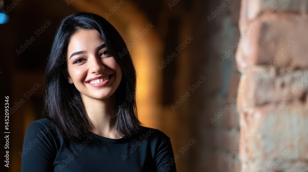 Young woman smiling confidently in a dimly lit corridor with textured brick walls Young woman smiling confidently in a dimly lit corridor with textured brick walls