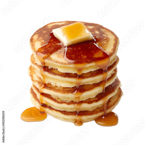 A stack of freshly made pancakes is topped with a melting butter square and drizzled with rich maple syrup on a clean white background, tempting and delicious.