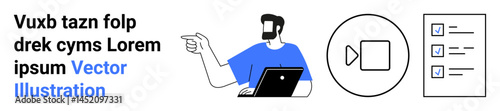 Bearded man pointing, seated with laptop. Adjacent video play button and checklist icons. Ideal for tutorials, workflow presentations, training, task management, productivity tools, digital